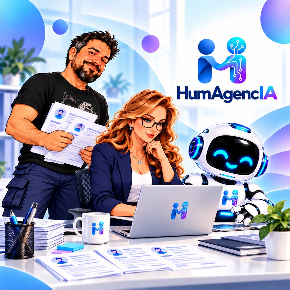 El equipo de HumAgencIA en la oficina: una persona revisando currículums, otra trabajando en la computadora y Botito, el asistente robot de la agencia.